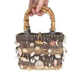 Seashell Charm Straw Handbag | Upcycled Handmade Vintage Faded Glory Purse